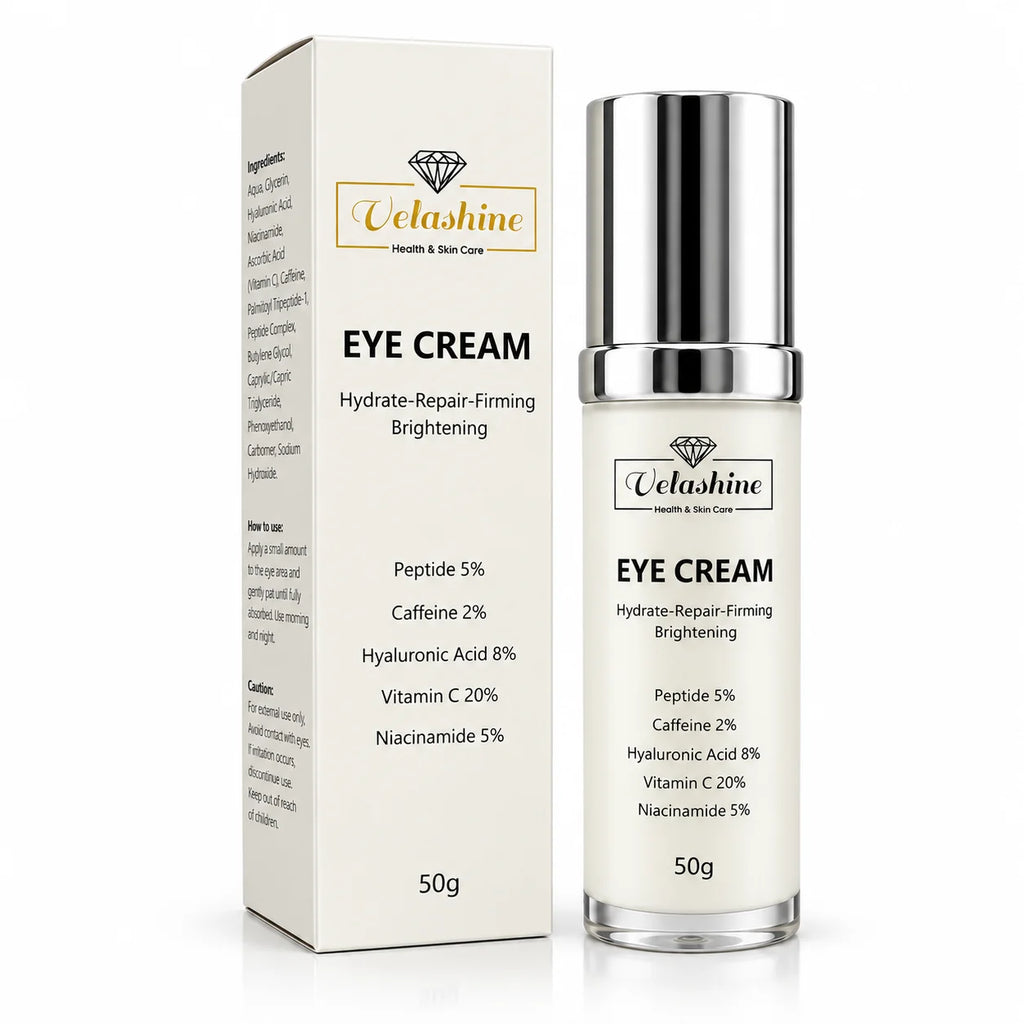 Velashine Eye Cream 50g bottle with original packaging, peptides, caffeine, hyaluronic acid, vitamin C and niacinamide