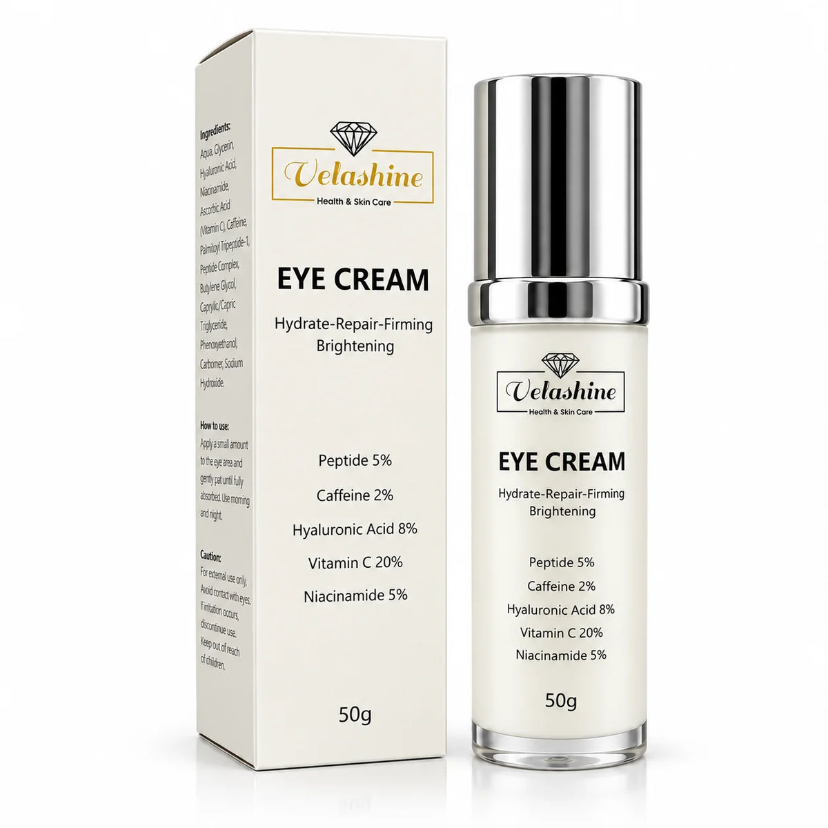 Velashine Eye Cream 50g bottle with original packaging, peptides, caffeine, hyaluronic acid, vitamin C and niacinamide