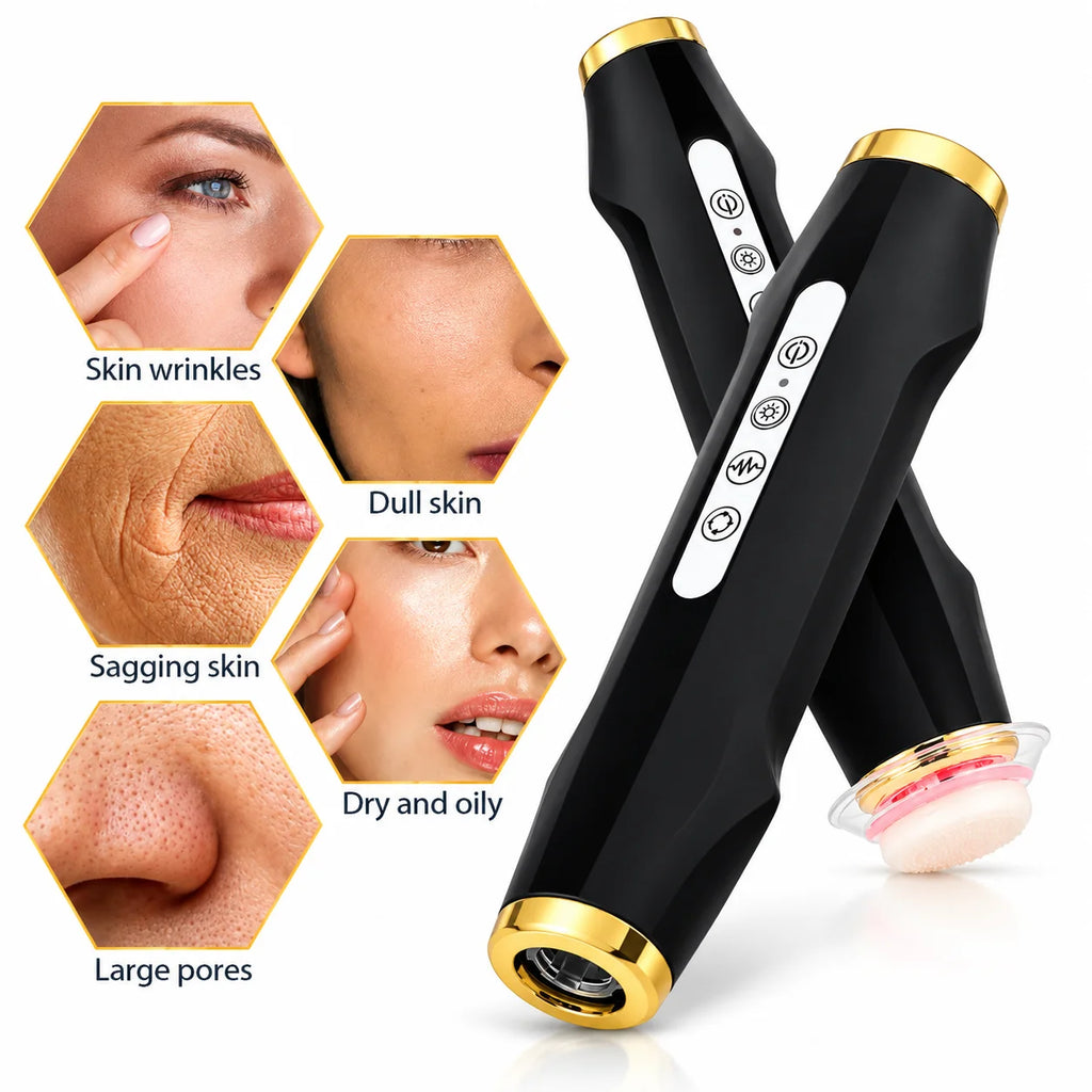 Velashine facial skincare device designed for concerns including wrinkles, dull skin, sagging skin, dry or oily skin and large pores