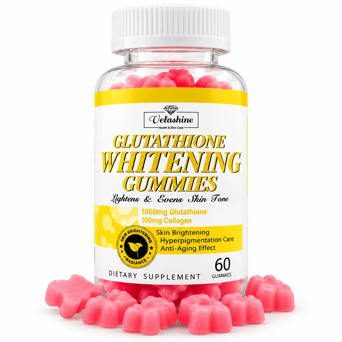 Velashine glutathione and collagen gummies bottle with pink gummies displayed in front