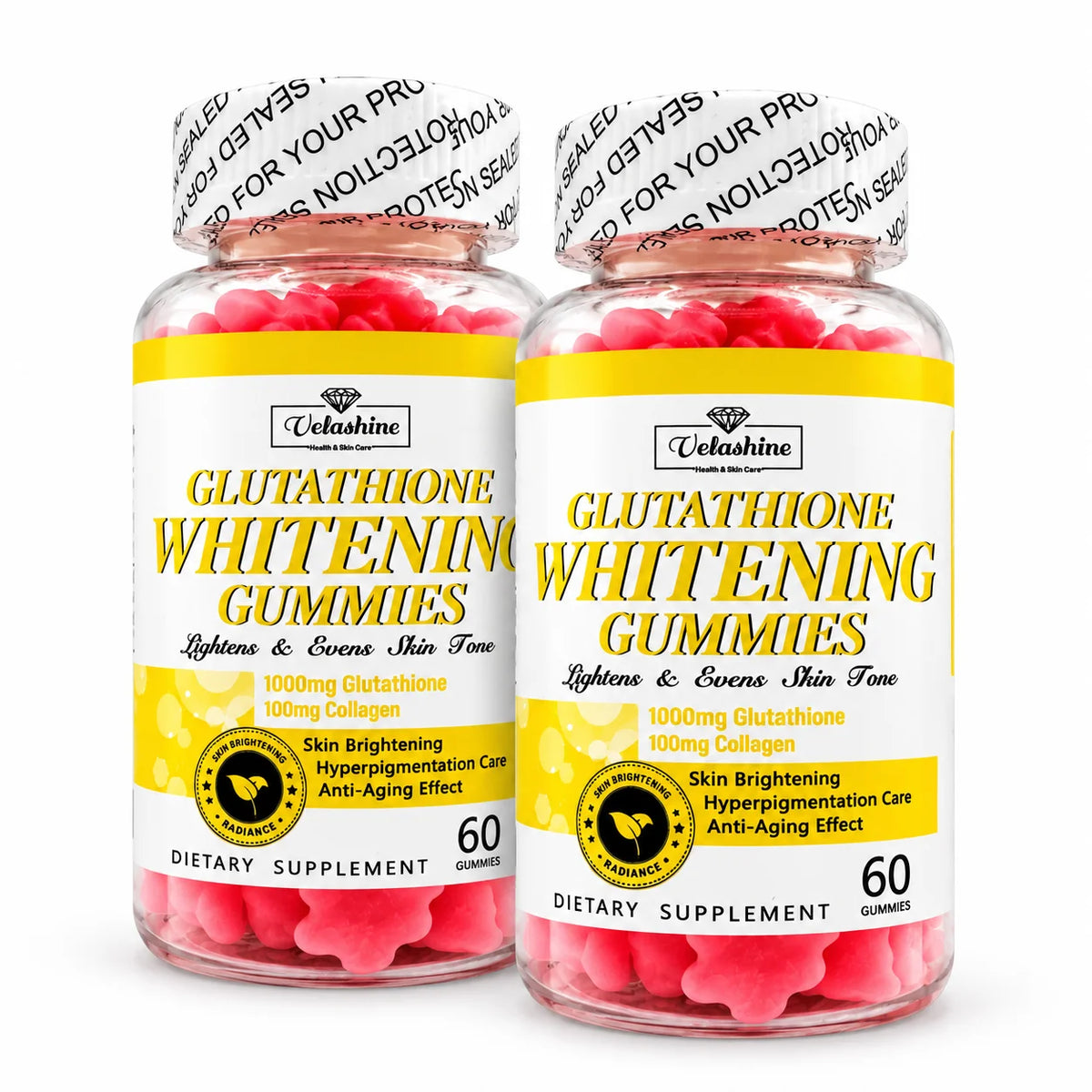 Two bottles of Velashine Glutathione Gummies with collagen, 60 gummies per bottle