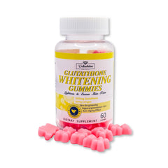 Bottle of Glutathione Whitening Gummies with pink gummies on a white background