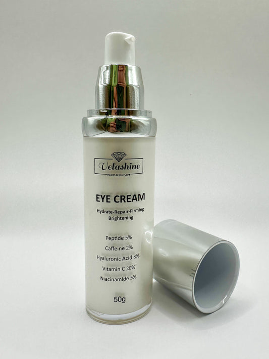 Front view of Velashine Health & Skin Care Eye Cream  bottle, showcasing a clean design and active ingredient list including 20% vitamin C and 5% peptides.