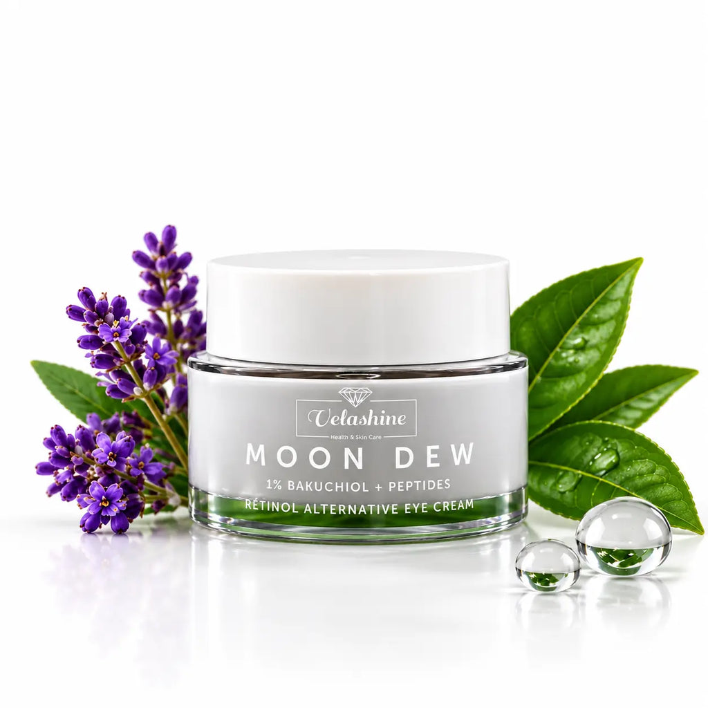 Velashine Moon Dew Retinol Alternative Eye Cream in a clear glass jar with a white lid, styled with purple lavender flowers, green leaves, and two clear gel drops on a white background.