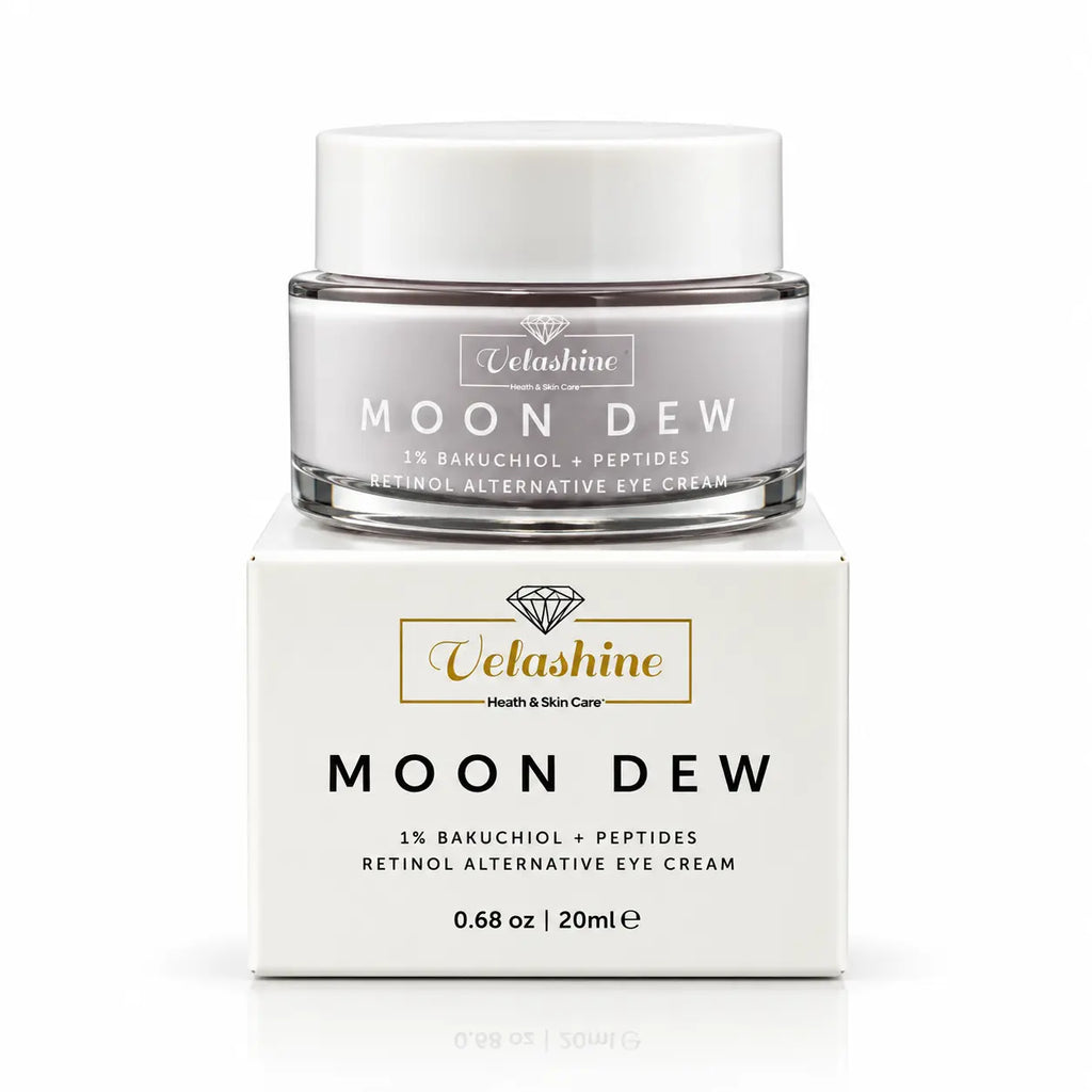 Velashine Moon Dew retinol alternative eye cream jar displayed on top of its white retail box against a clean white background.
