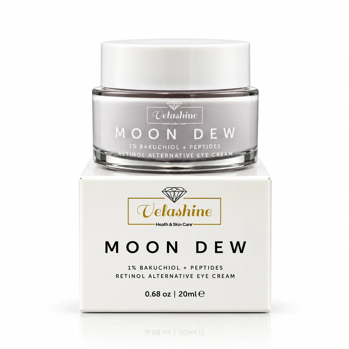Velashine Moon Dew retinol alternative eye cream jar displayed on top of its white retail box against a clean white background.