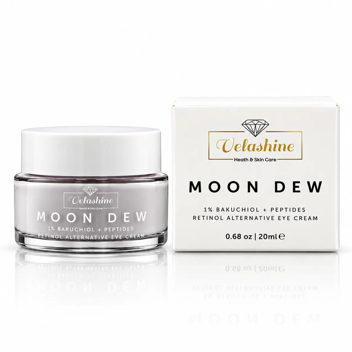 Velashine Moon Dew retinol alternative eye cream jar next to its white packaging box on a reflective white surface.