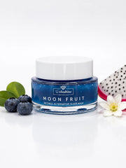 Velashine Moon Fruit Retinol Alternative Sleep Mask in a blue jar with a white lid, styled with blueberries, a white flower, and a dragon fruit slice on a white background.