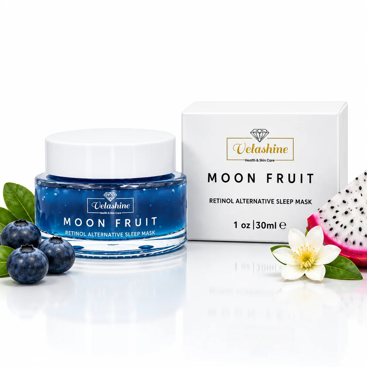 Velashine Moon Fruit Retinol Alternative Sleep Mask 30ml with product box, blueberries and dragon fruit