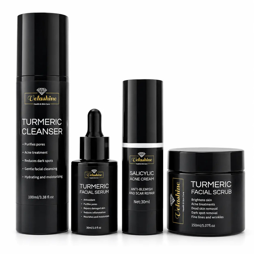 Set of Velashine skincare products including cleanser, serum, cream, and scrub on a white background.