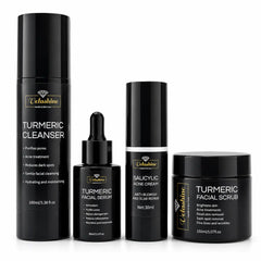 Set of Velashine skincare products including cleanser, serum, cream, and scrub on a white background.