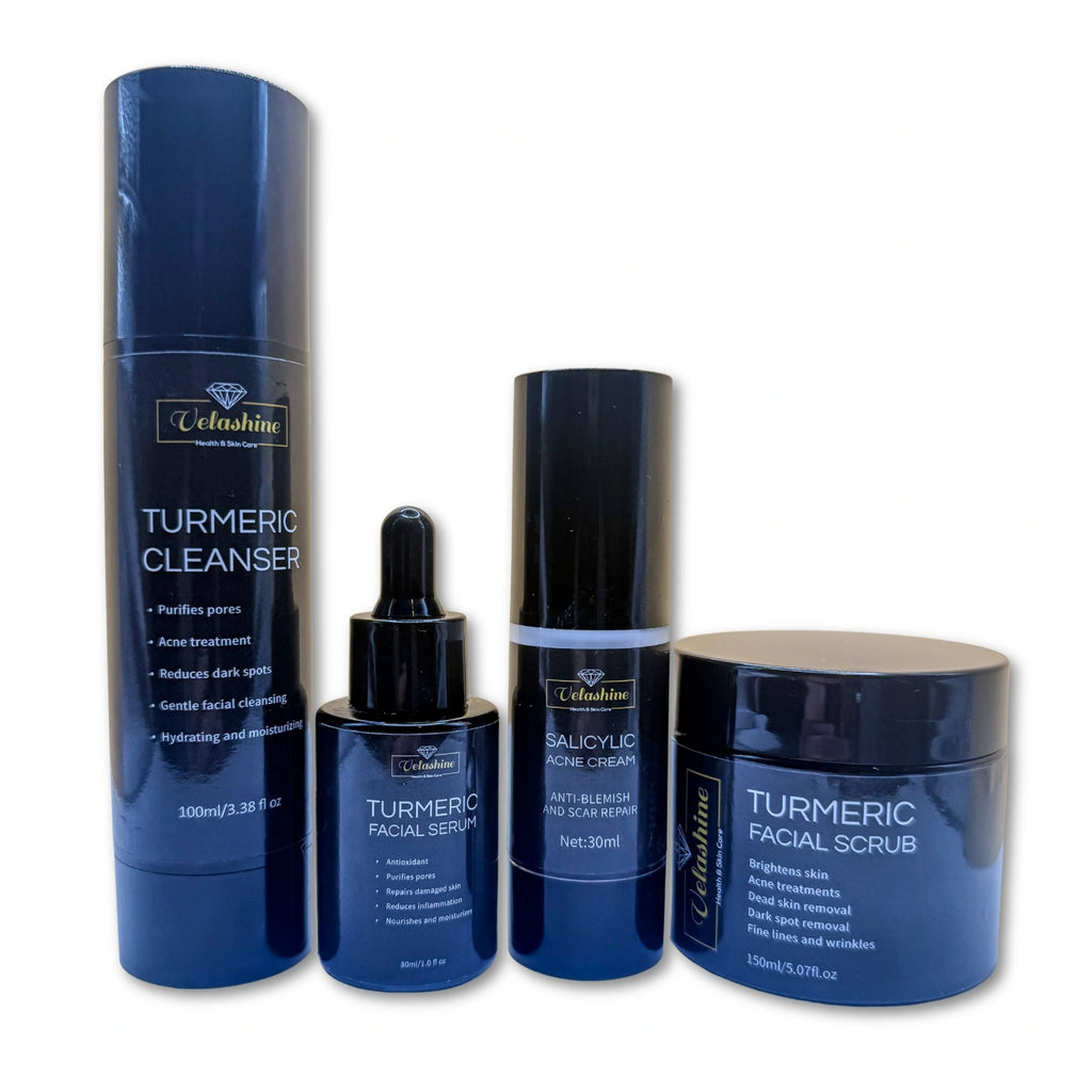 Set of Velskin skincare products including cleanser, serum, and scrub on a white background