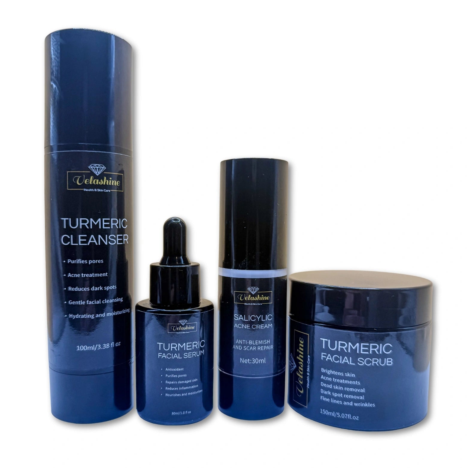 Set of Velskin skincare products including cleanser, serum, and scrub on a white background