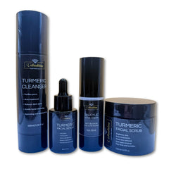 Set of Velskin skincare products including cleanser, serum, and scrub on a white background