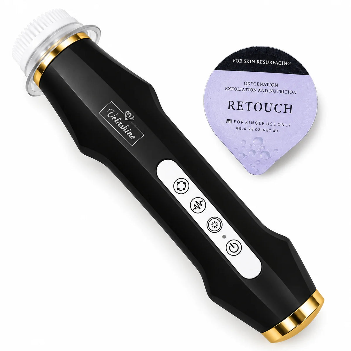Velashine oxygen bubble facial skincare device with Retouch resurfacing pod for oxygenation, exfoliation and skin care treatment