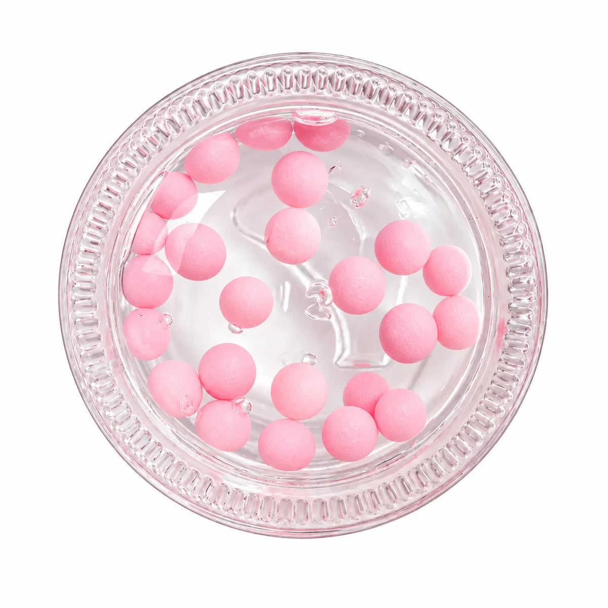 Close-up top view of Velashine PDRN Pink Collagen Capsule Cream with pink capsules in clear gel