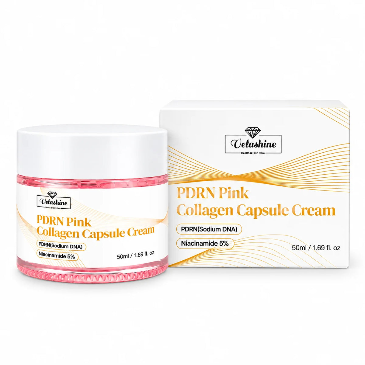 Velashine PDRN Pink Collagen Capsule Cream 50ml jar displayed with product packaging