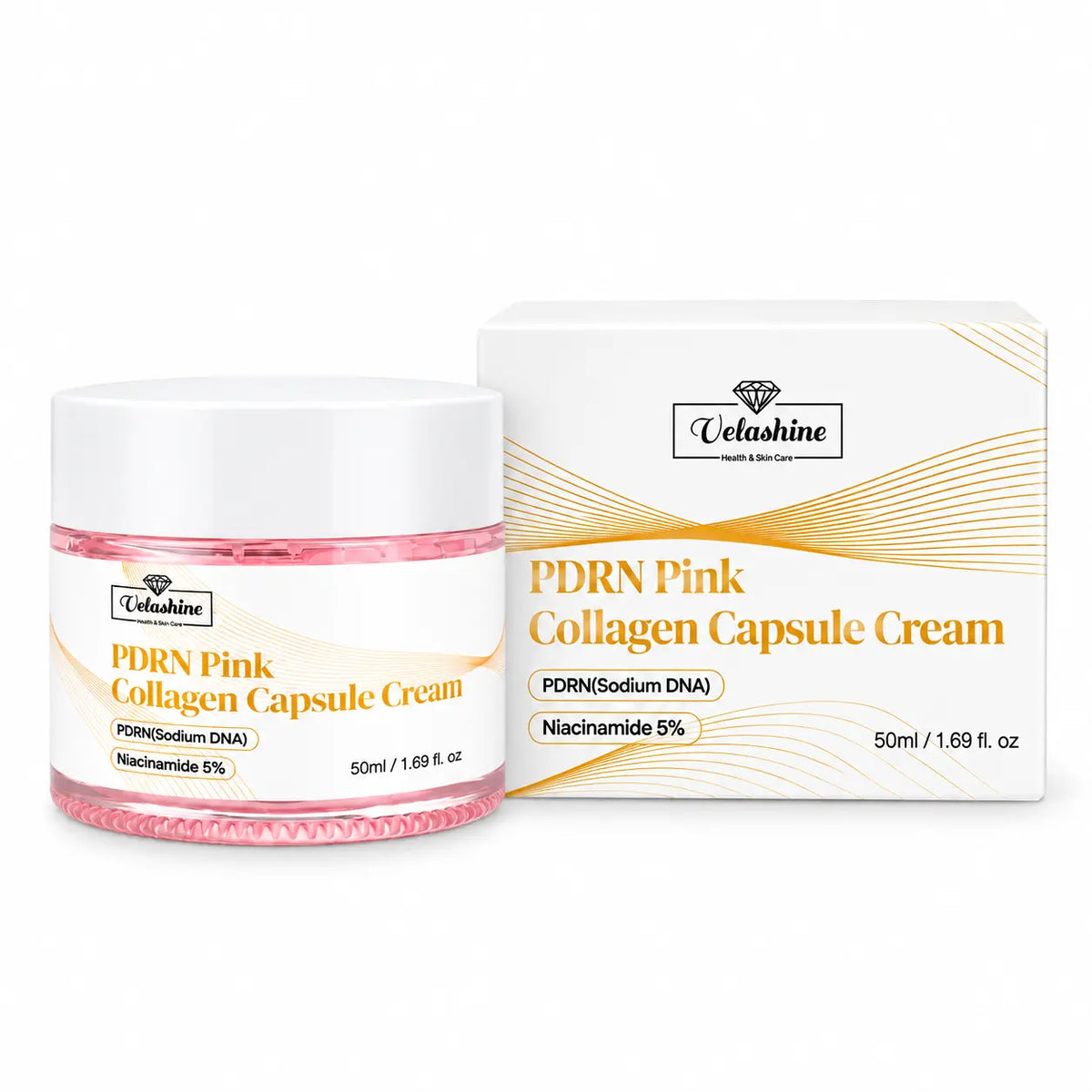 Velashine PDRN Pink Collagen Capsule Cream shown in a clear jar with pink cream visible, alongside its white and gold retail box on a clean white background.