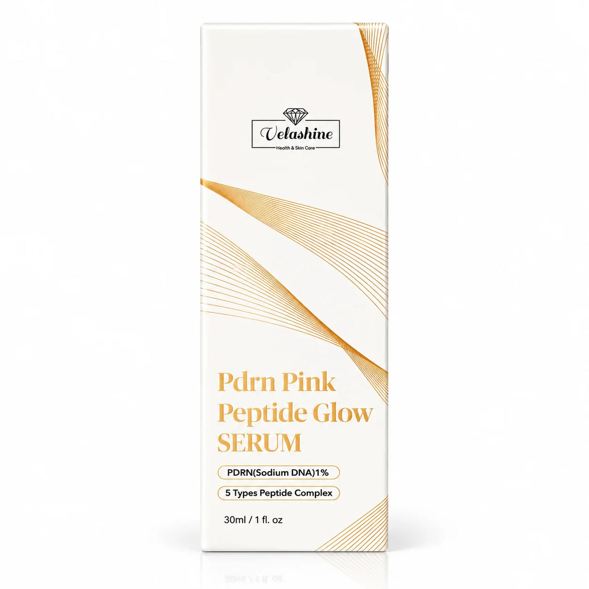 Velashine PDRN Pink Peptide Glow Serum 30ml product packaging with 1% Sodium DNA and Peptide Complex