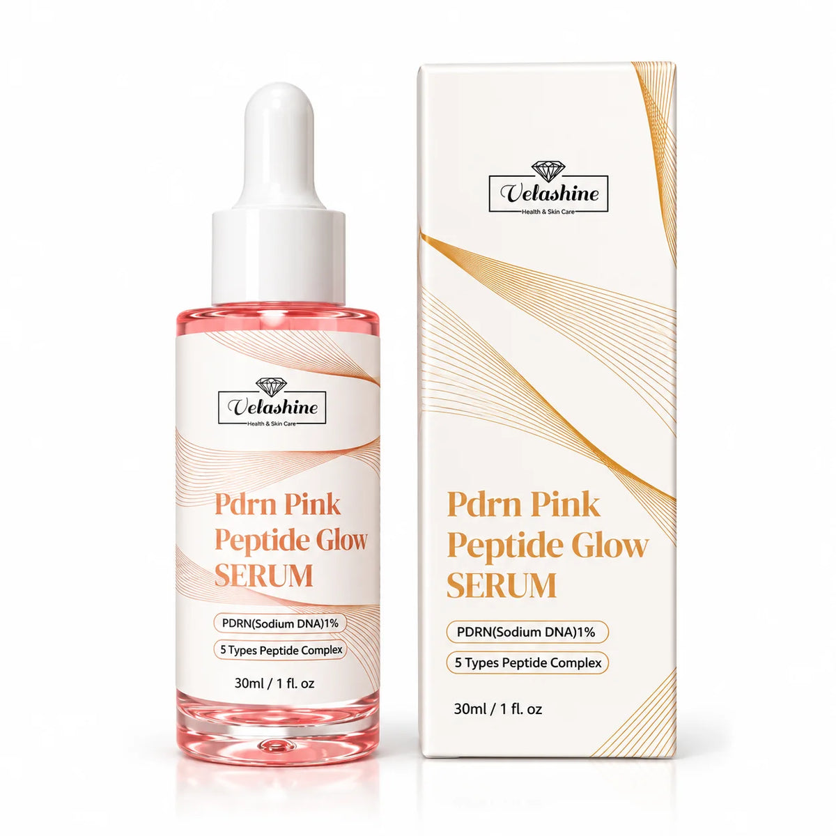 Velashine PDRN Pink Peptide Glow Serum 30ml bottle with product packaging