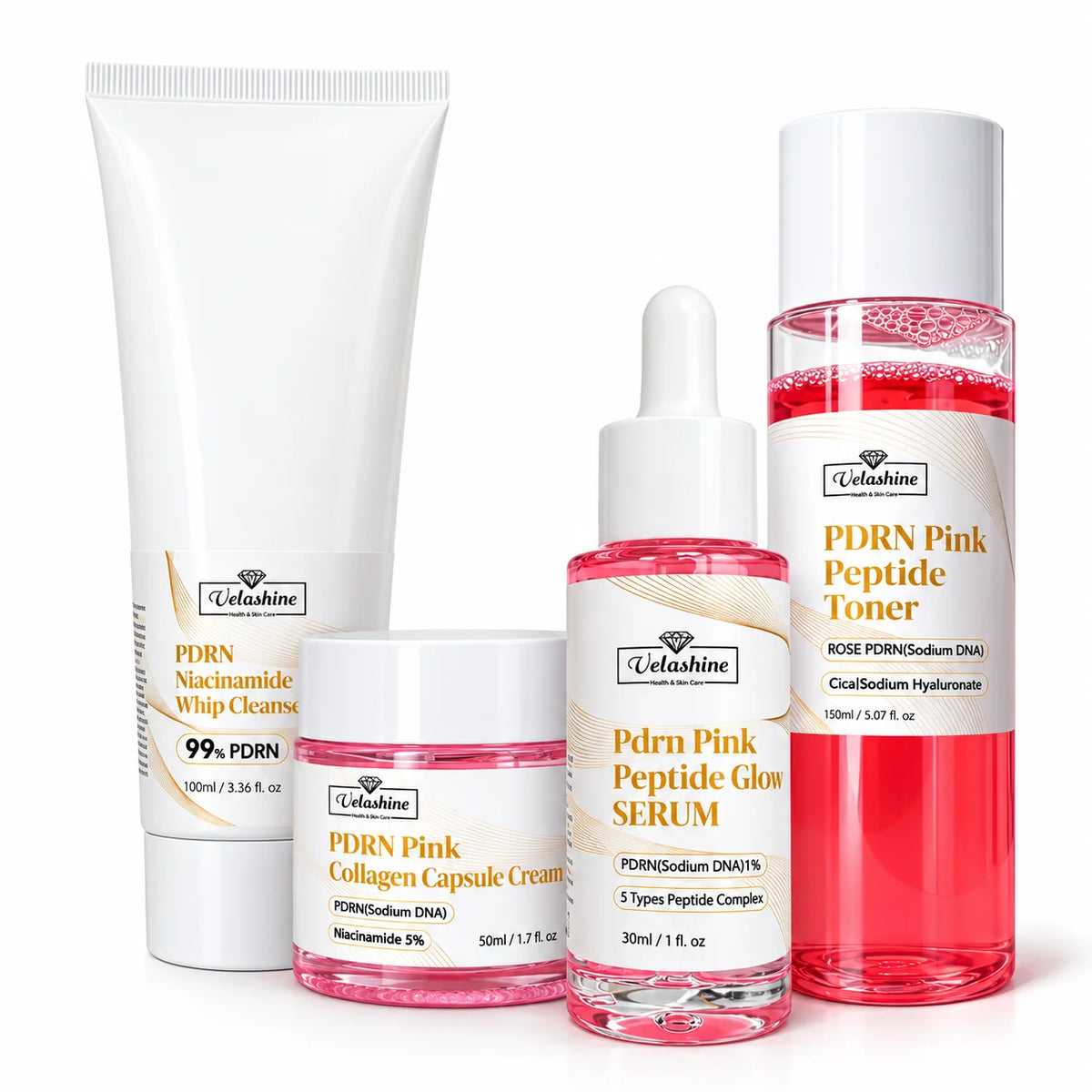 Velashine PDRN Pink Peptide skincare set with Niacinamide Whip Cleanser, Collagen Capsule Cream, Peptide Glow Serum and Pink Peptide Toner