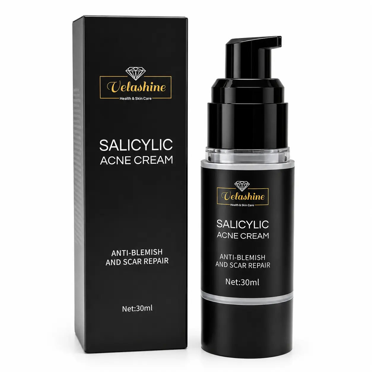 Salicylic acne cream bottle and packaging with 'Velashine' branding on a white background