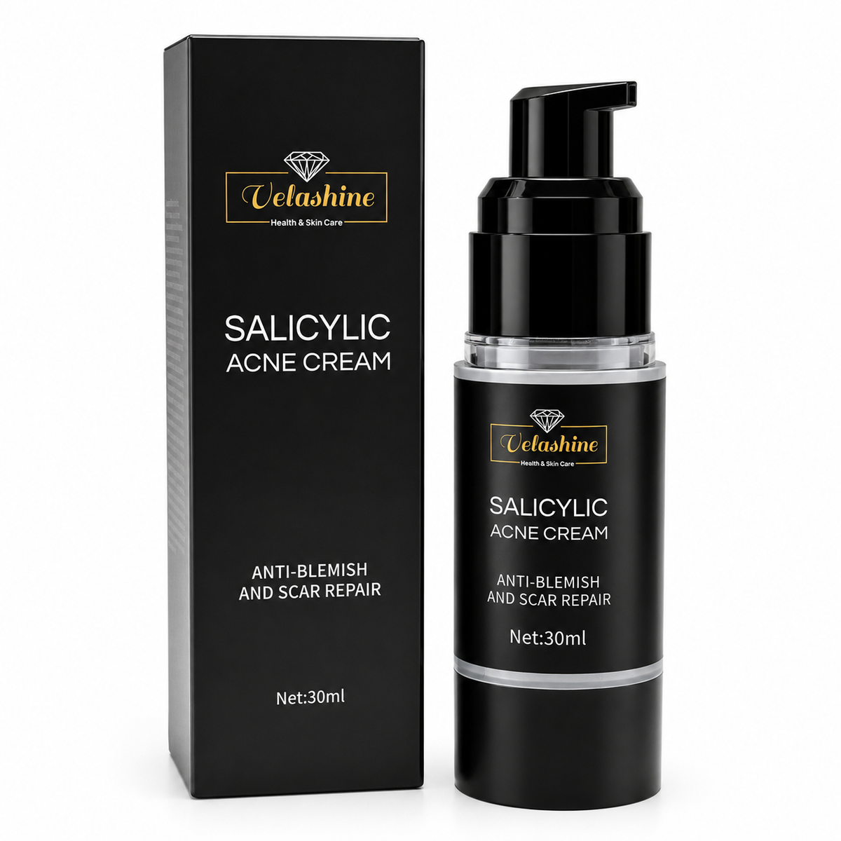 Salicylic acne cream bottle and packaging with 'Velashine' branding on a white background
