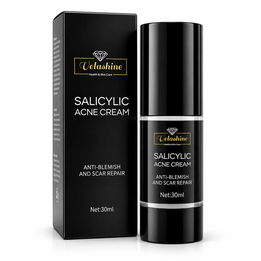 Velashine Salicylic Acne Cream 30ml with original black packaging, designed for anti-blemish and scar care.