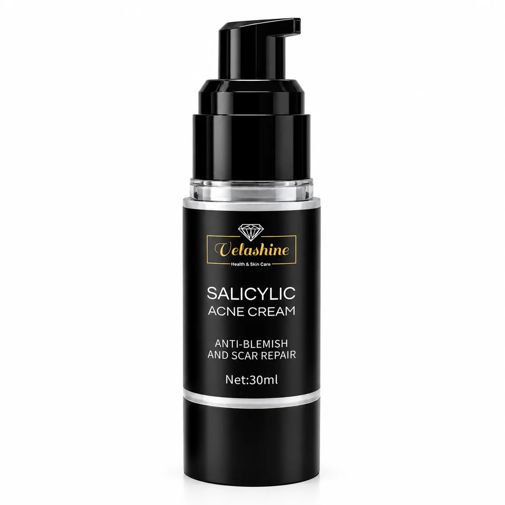 Velashine Salicylic Acne Cream 30ml with pump dispenser for anti-blemish and scar care on a white background.