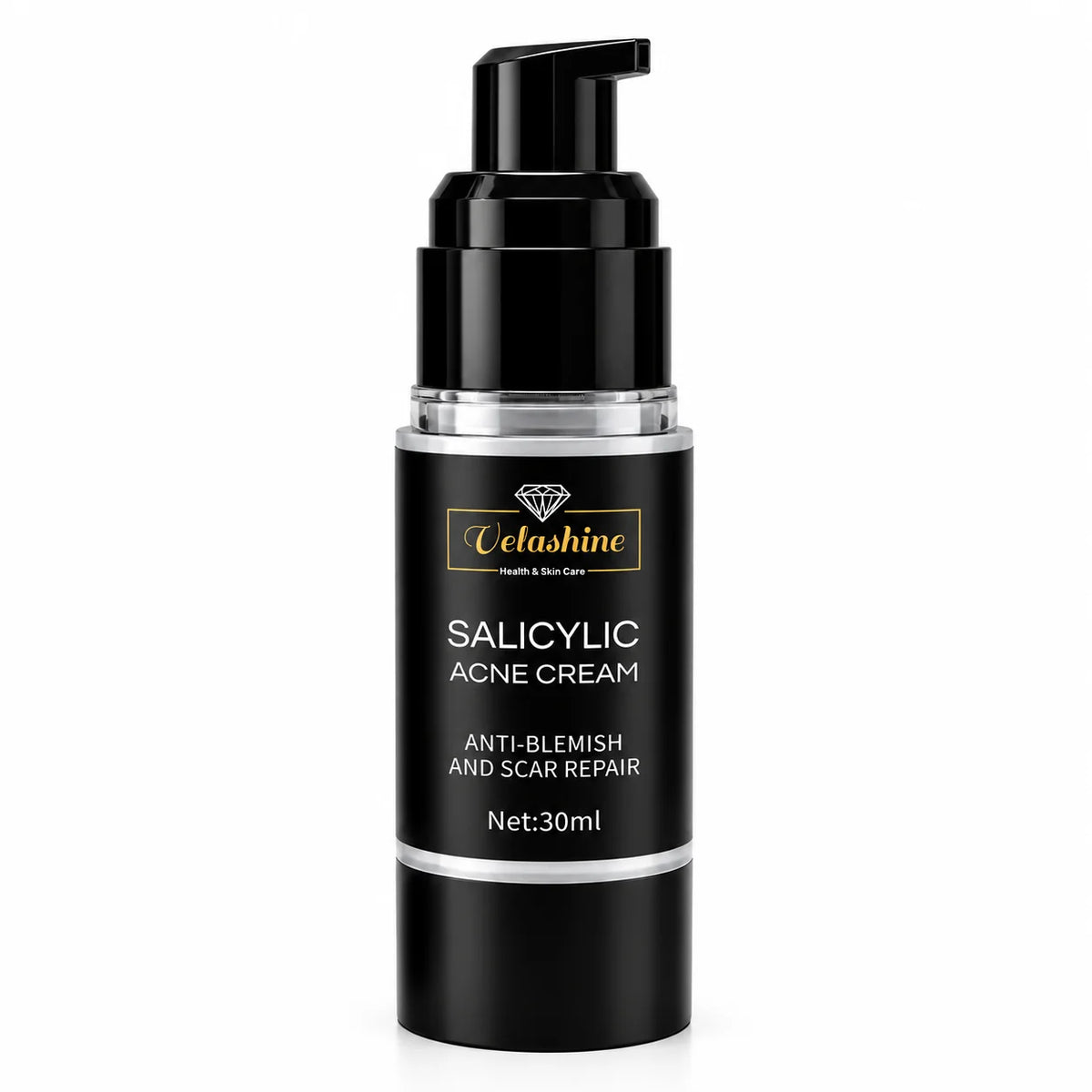 Velashine Salicylic Acne Cream 30ml with pump dispenser for anti-blemish and scar care on a white background.
