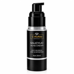 Velashine Salicylic Acne Cream 30ml with pump dispenser for anti-blemish and scar care on a white background.