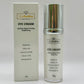 Velashine Eye Cream 50g bottle with chrome cap placed beside its retail box, labeled with benefits like hydrate, repair, firming, and brightening, and key ingredients such as peptide, caffeine, hyaluronic acid, vitamin C, and niacinamide.