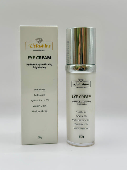 Velashine Eye Cream 50g bottle with chrome cap placed beside its retail box, labeled with benefits like hydrate, repair, firming, and brightening, and key ingredients such as peptide, caffeine, hyaluronic acid, vitamin C, and niacinamide.