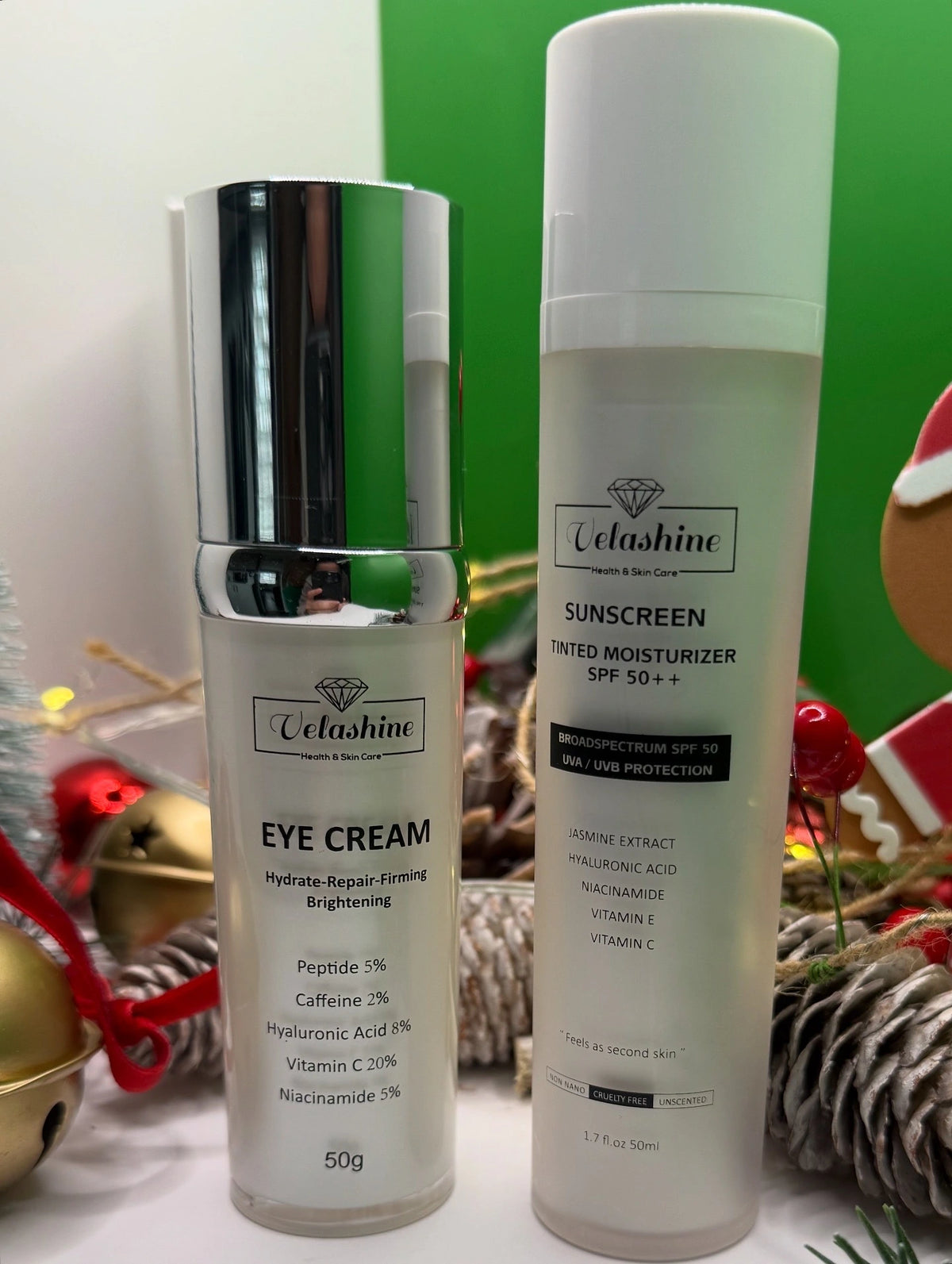 Two skincare products, eye cream and sunscreen, with 'Velashine Skincare' branding on a decorative background.