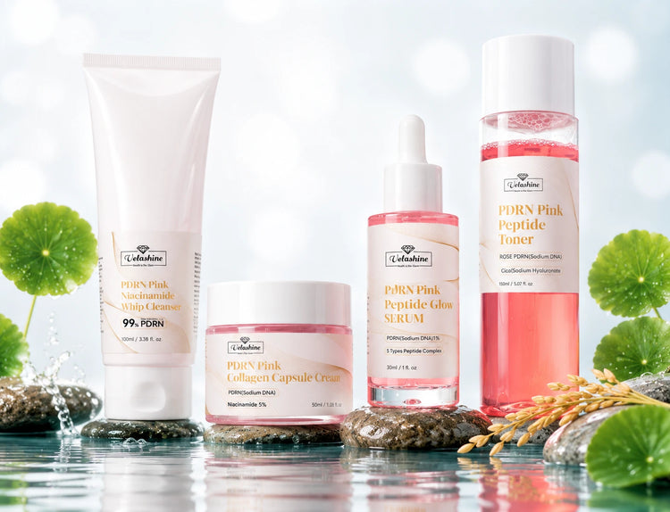 Collection of Velashine Skincare PDRN products with green leaves and stones in the background