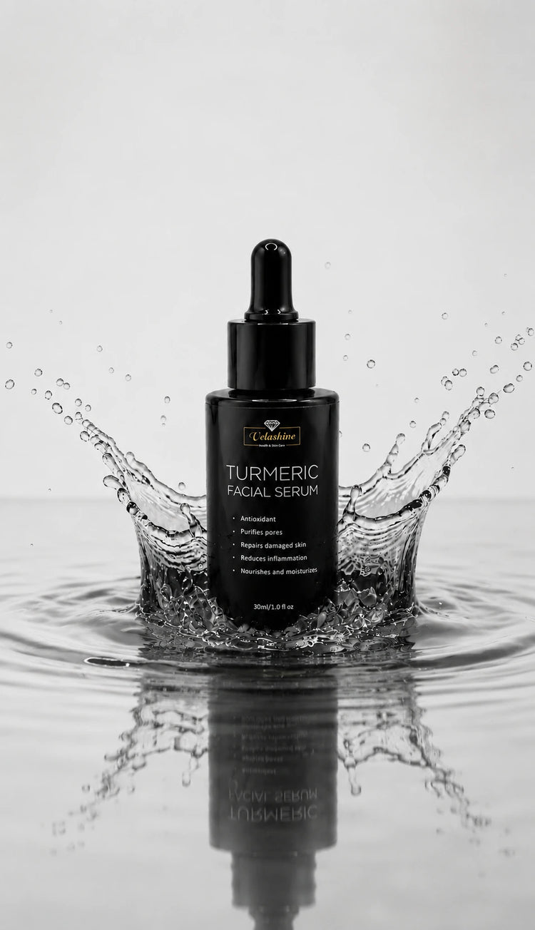Black bottle of turmeric facial serum with dropper surrounded by water splash on a light gray background