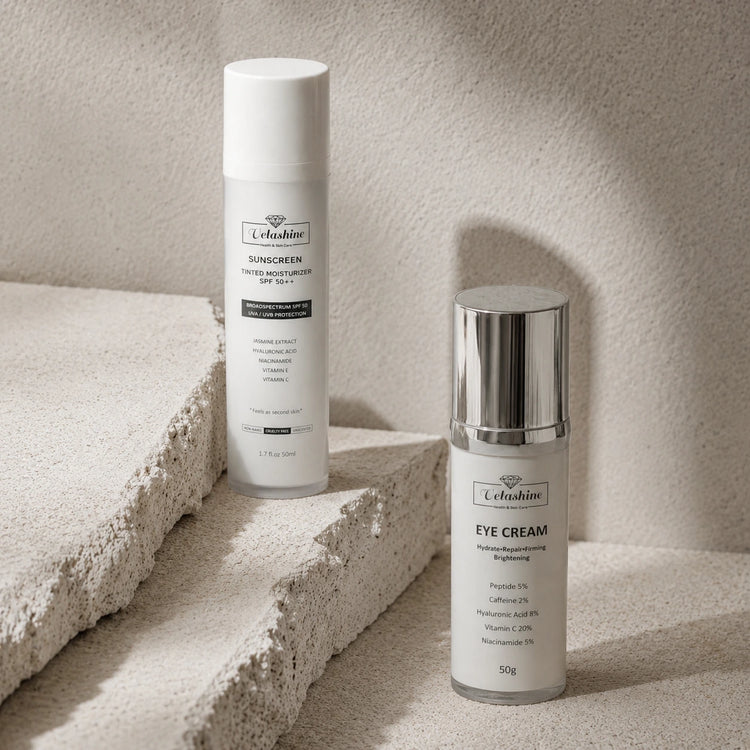Two skincare products, a sunscreen and eye cream, on a textured beige surface.