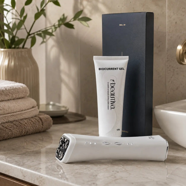 Beauty device with Biocurrent Gel on a bathroom counter