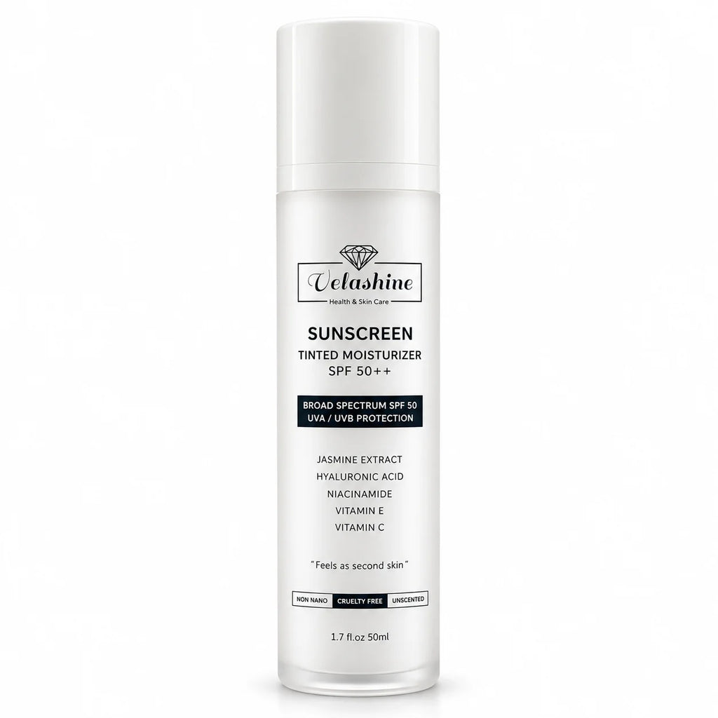 Velashine Tinted Moisturiser Sunscreen SPF 50++ with broad-spectrum UVA and UVB protection, 50ml bottle on a white background.