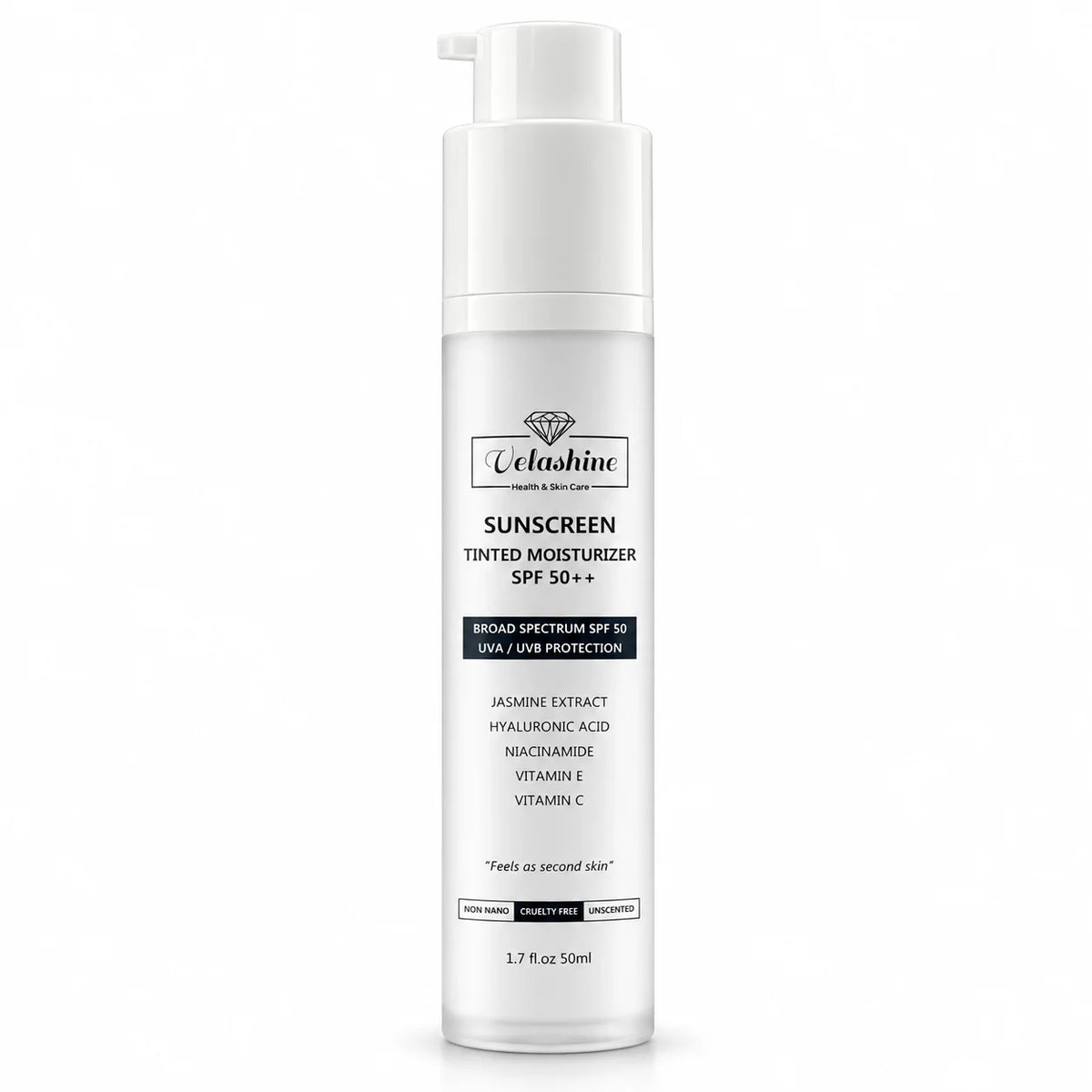 Velashine Tinted Moisturiser Sunscreen SPF 50++ 50ml pump bottle with broad-spectrum UVA and UVB protection on a white background.