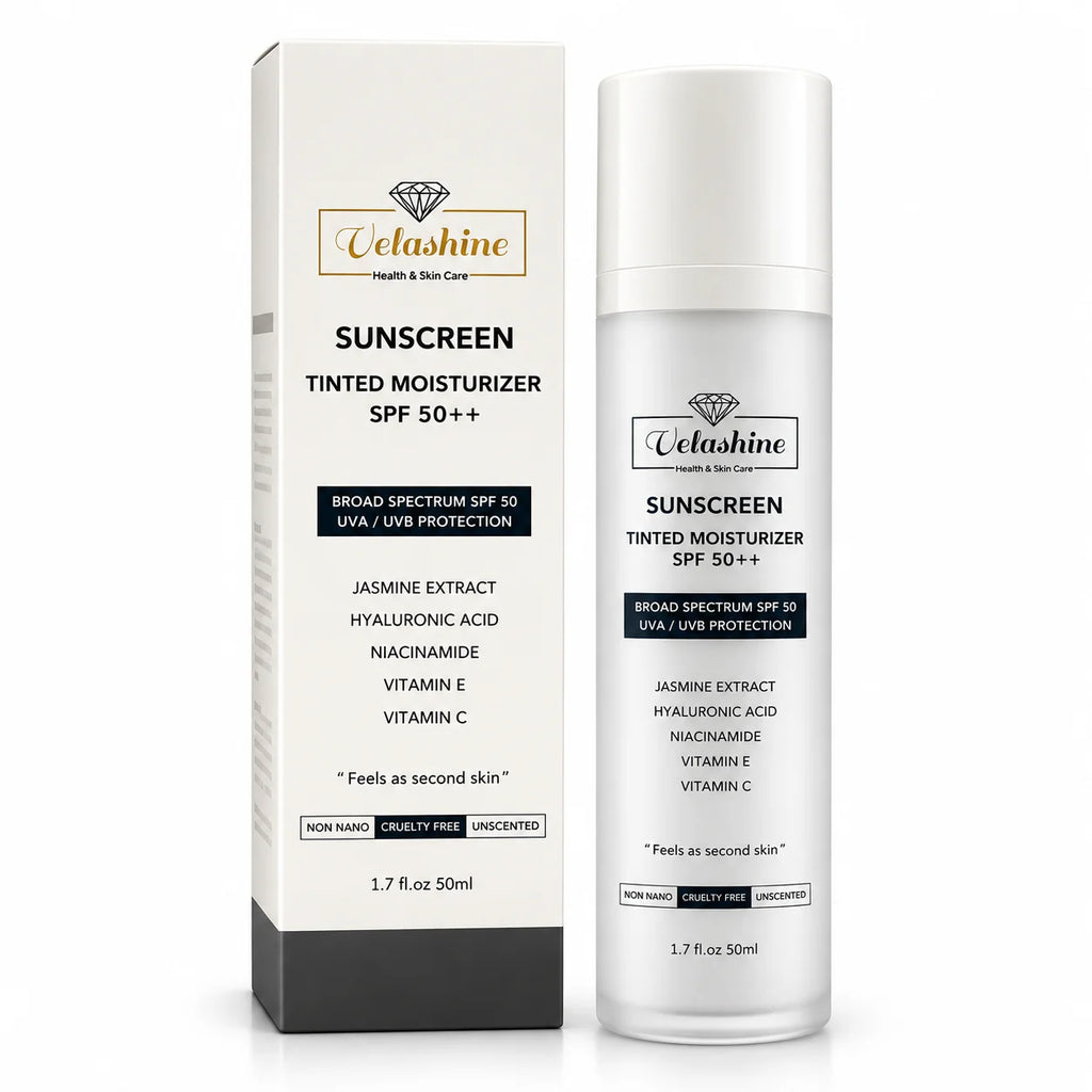 Velashine Tinted Moisturiser Sunscreen SPF 50++ 50ml bottle with original packaging on a white background.