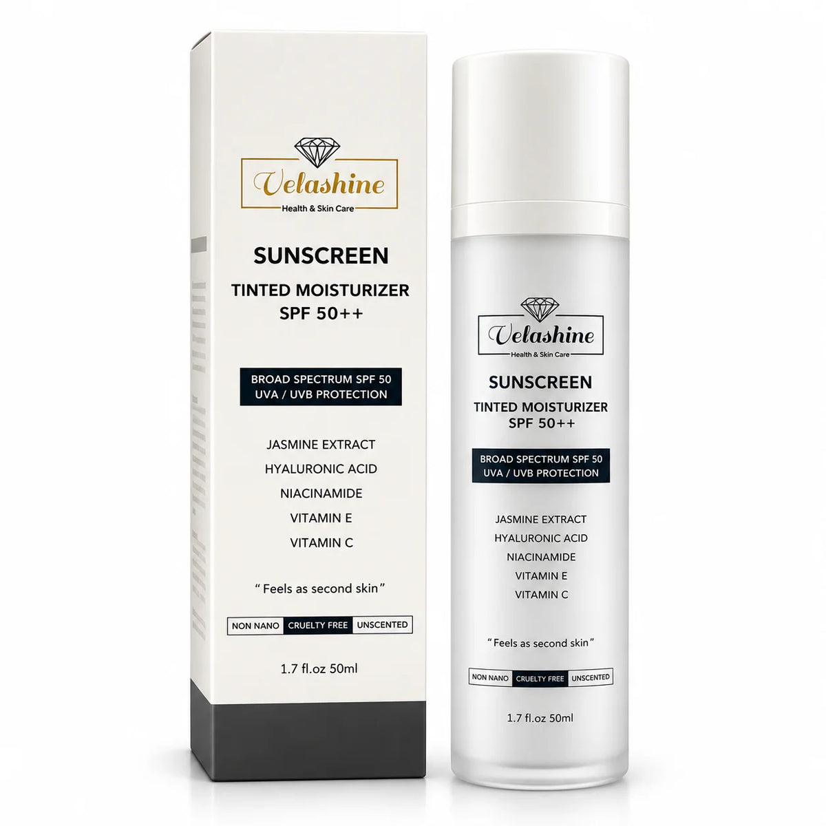 Velashine Tinted Moisturiser Sunscreen SPF 50++ 50ml bottle with original packaging on a white background.