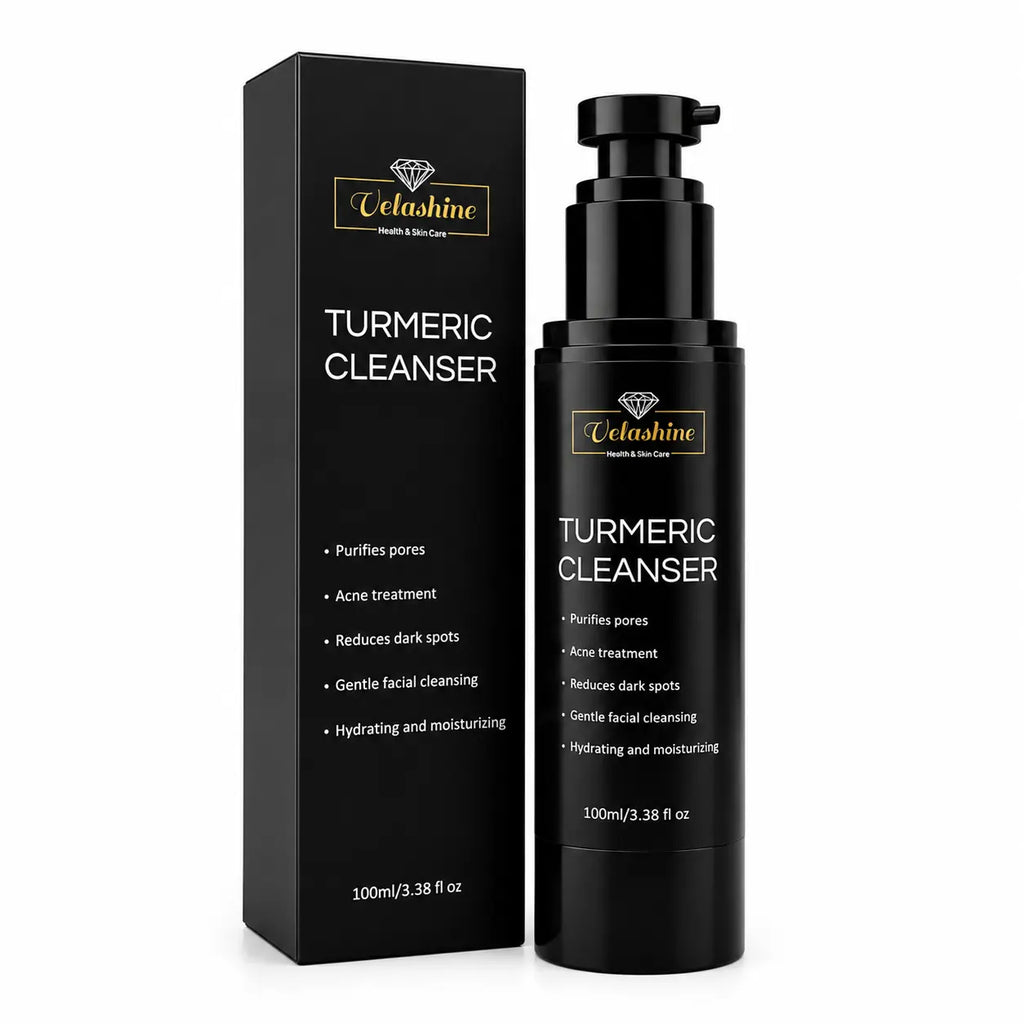 Black 'Velashine' turmeric cleanser bottle and packaging on a white background