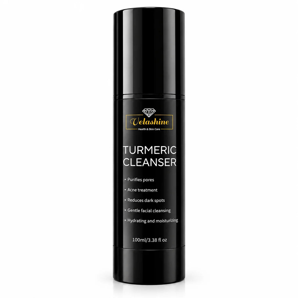 Velashine Turmeric Cleanser 100ml facial cleanser in black bottle with cap