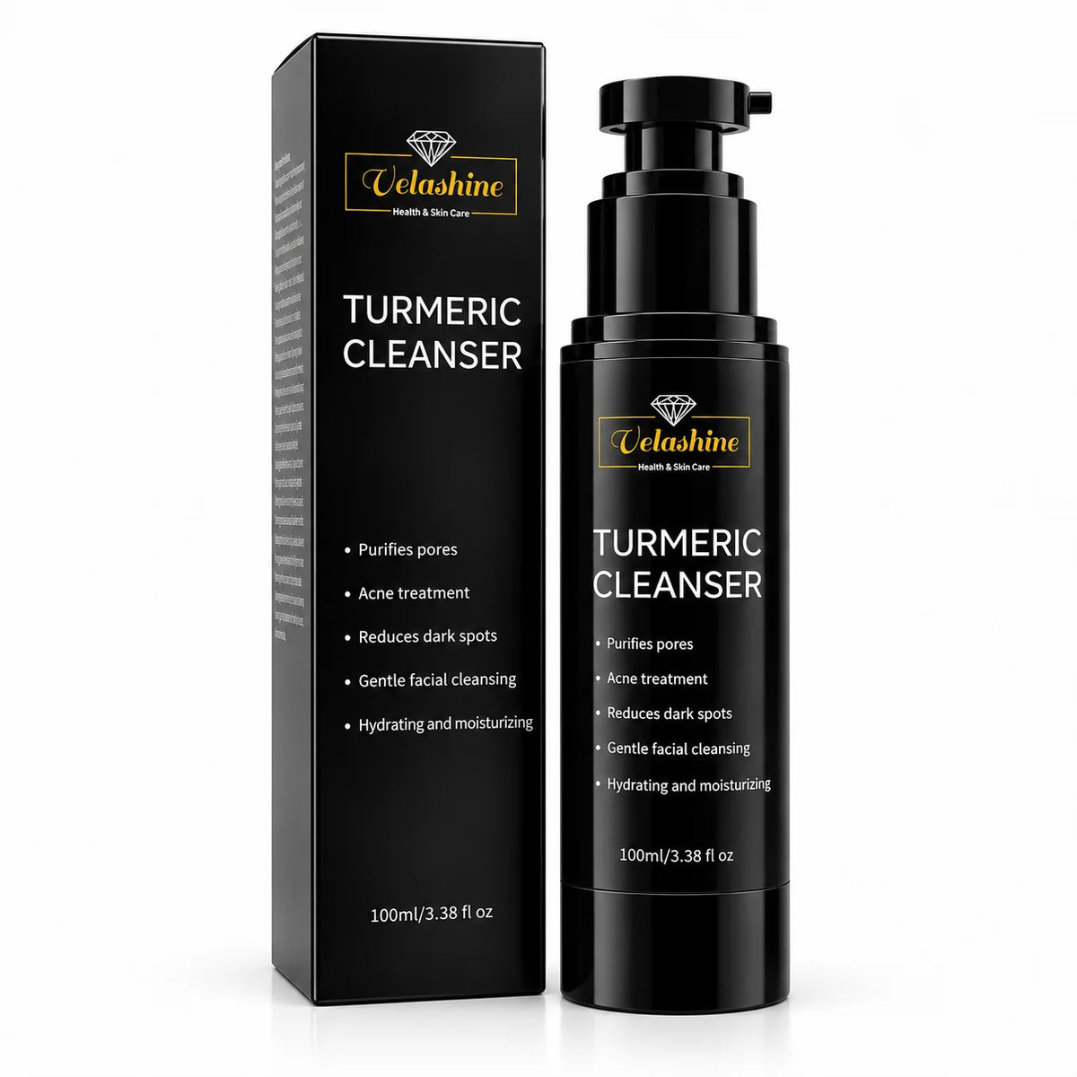 Velashine Turmeric Cleanser 100ml pump bottle displayed with black packaging box