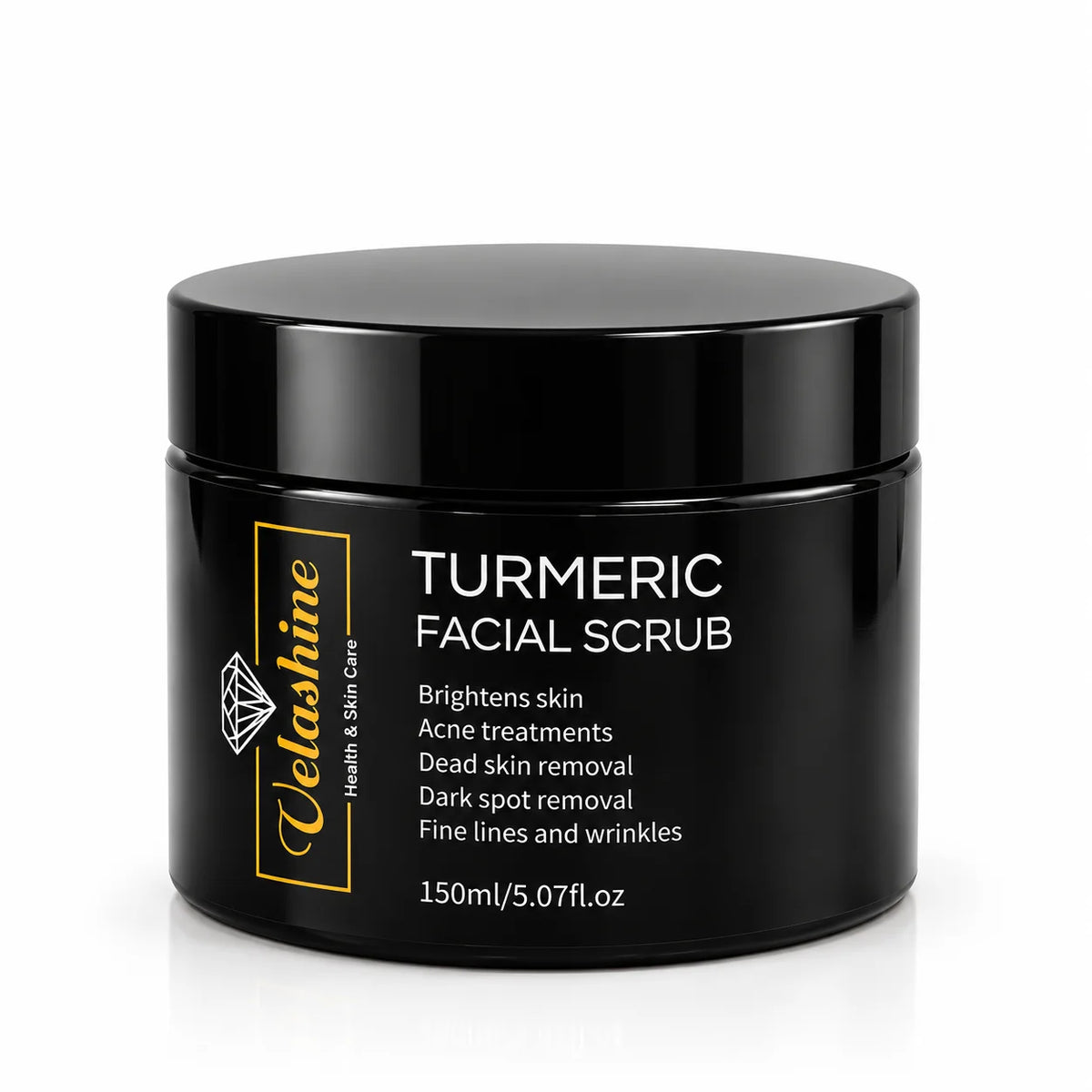 Velashine Turmeric Facial Scrub 150ml in a closed black jar