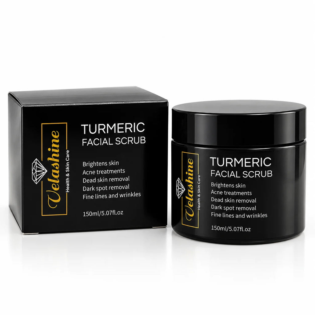 Velashine Turmeric Facial Scrub 150ml black jar with matching product packaging box