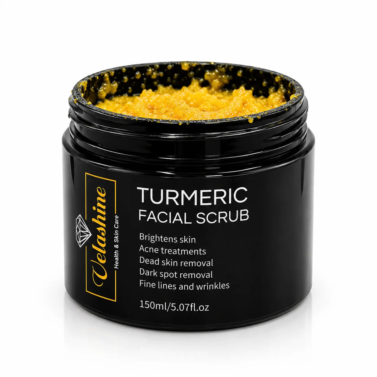 Velashine Turmeric Facial Scrub 150ml open jar showing the yellow exfoliating scrub texture