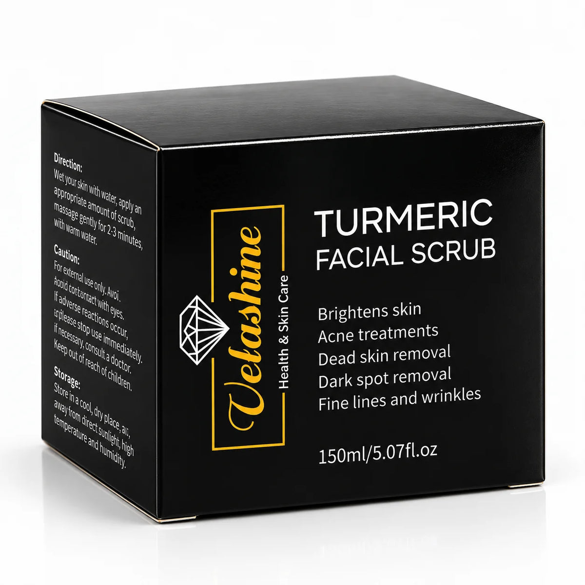 Velashine Turmeric Facial Scrub 150ml black product packaging box on white background