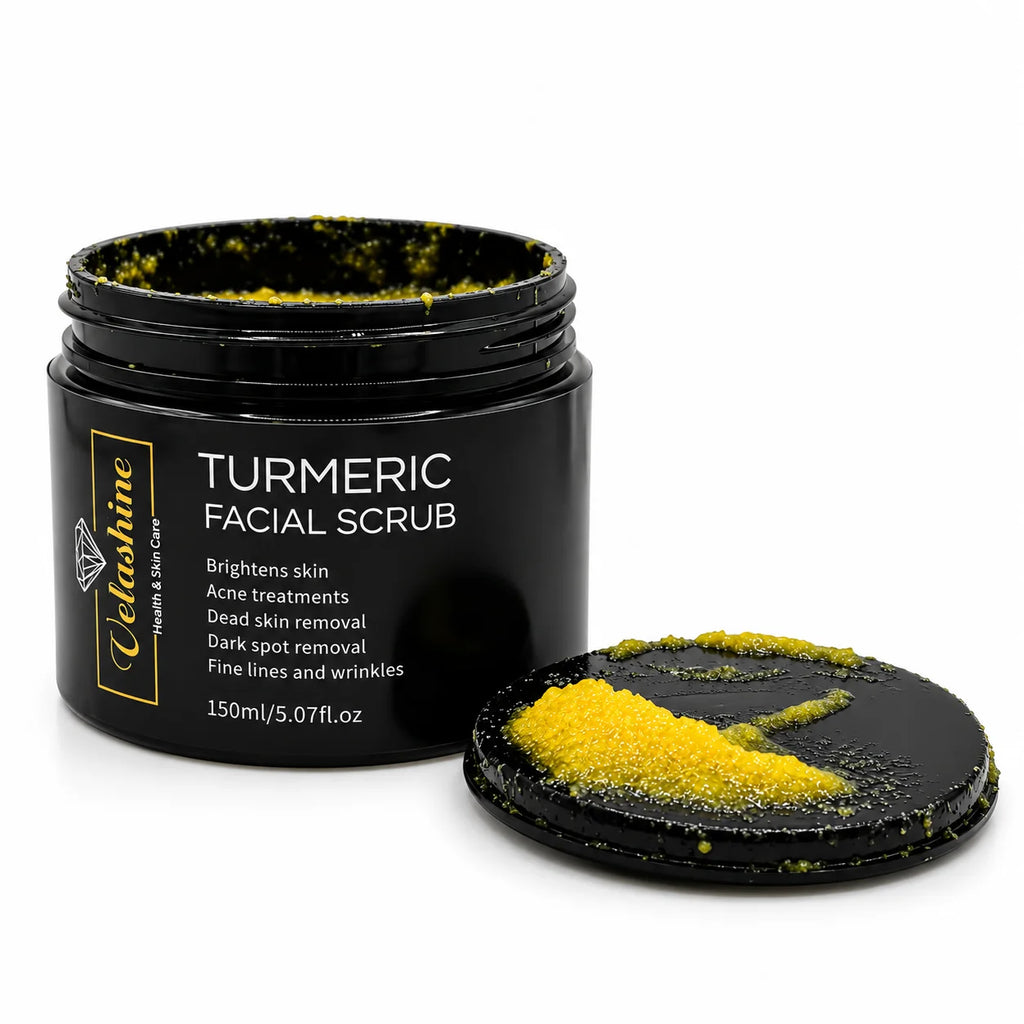 Open Velashine Turmeric Facial Scrub jar showing yellow turmeric scrub texture with lid